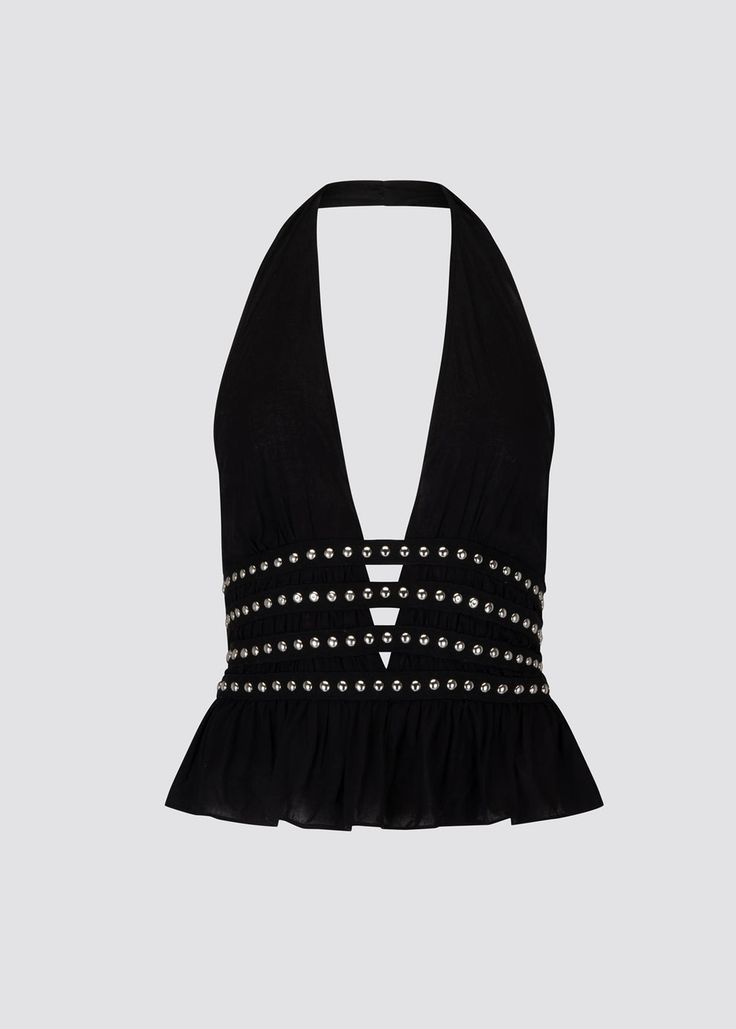 Embellished halter v neck top