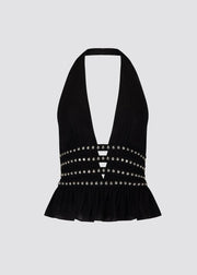 Embellished halter v neck top