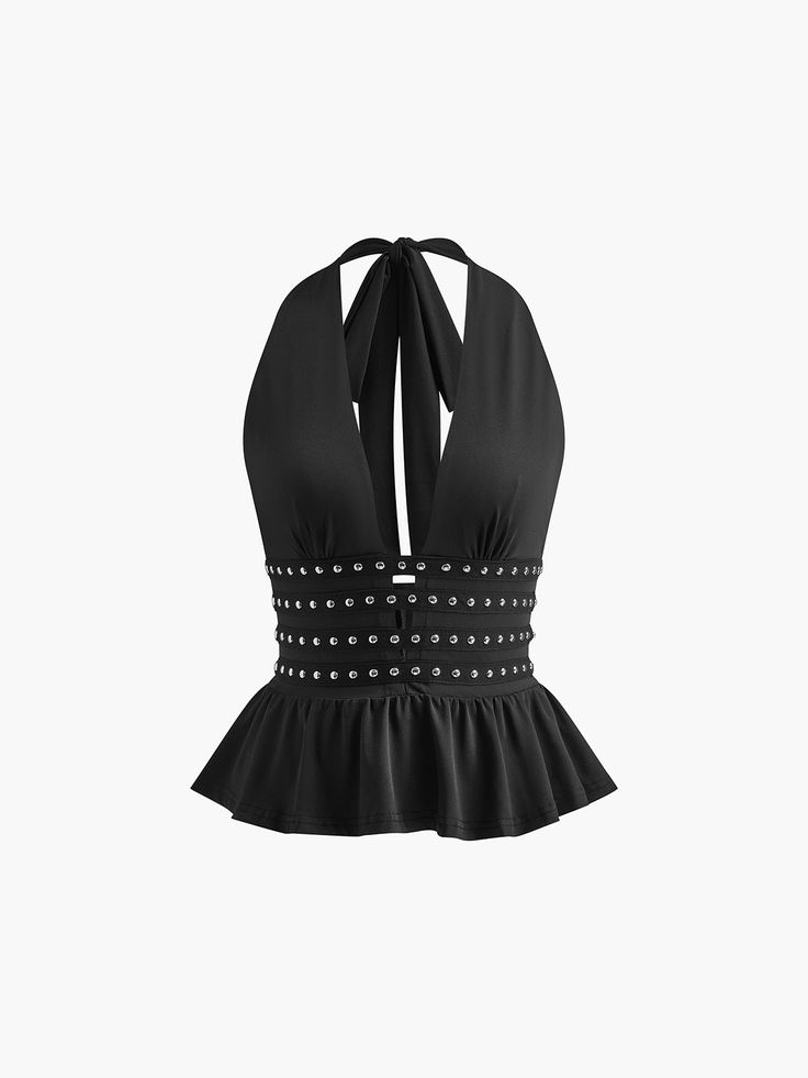 Embellished halter v neck top