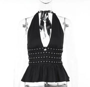 Embellished halter v neck top