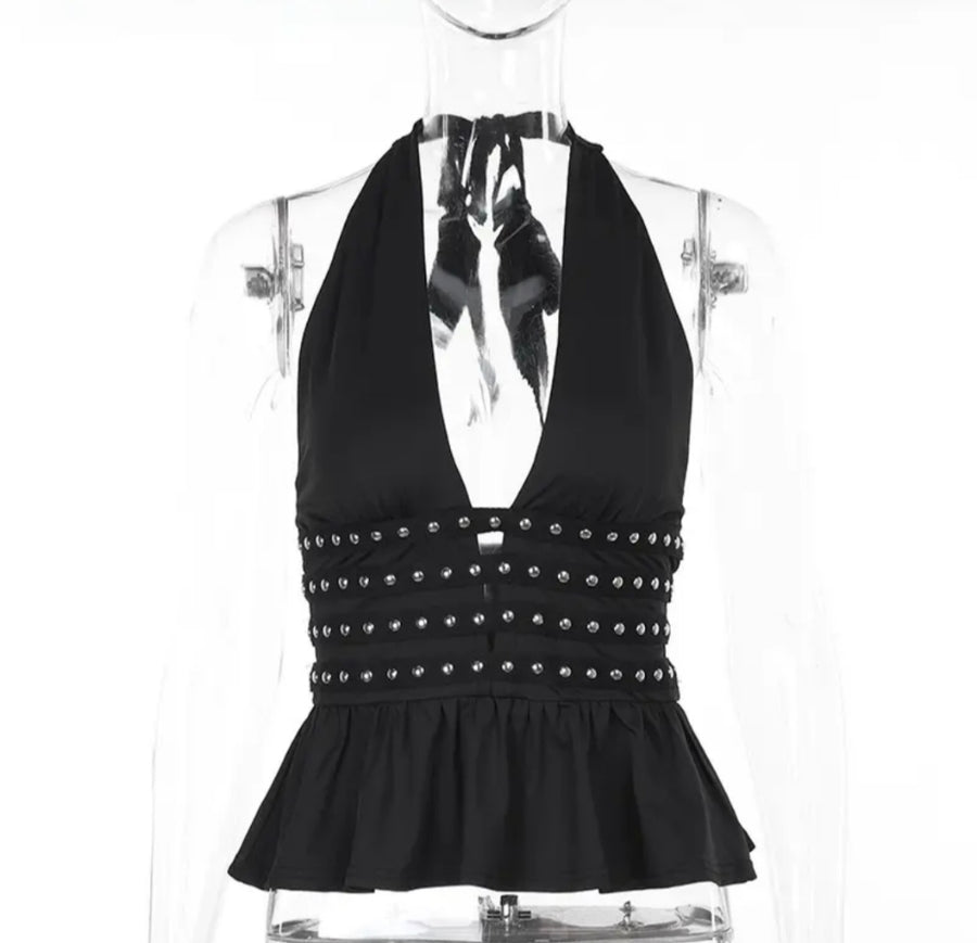 Embellished halter v neck top