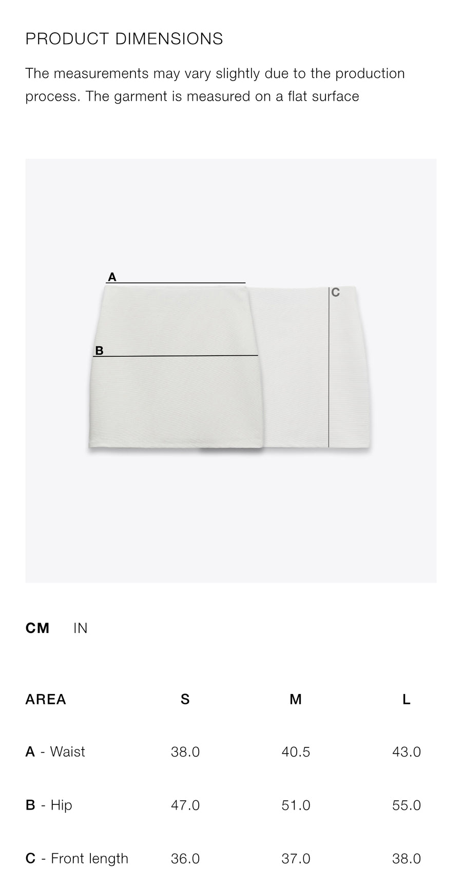 Measurement chart for a garment with labeled dimensions on a white background