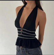 Embellished halter v neck top