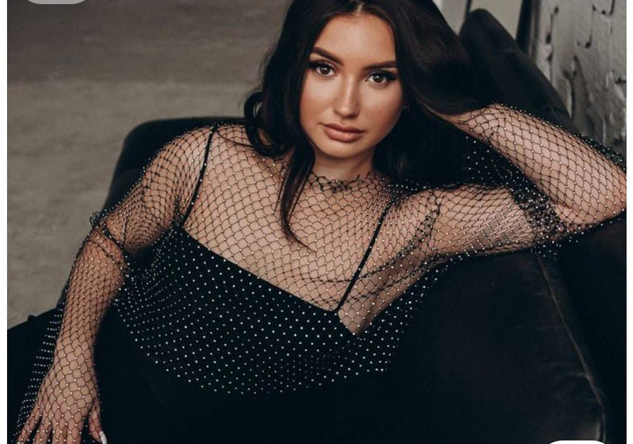 Rhinestone Full sleeves mesh top