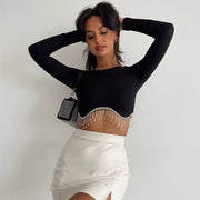 Full Sleeve Rhinestone Crop Top