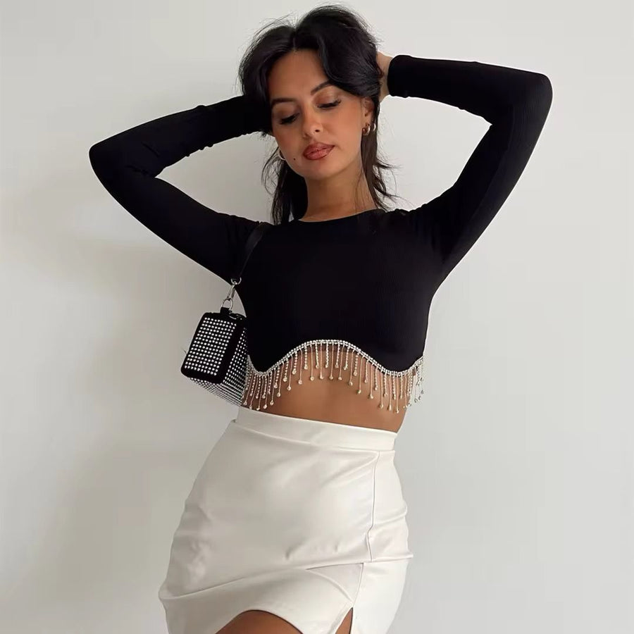 Full Sleeve Rhinestone Crop Top