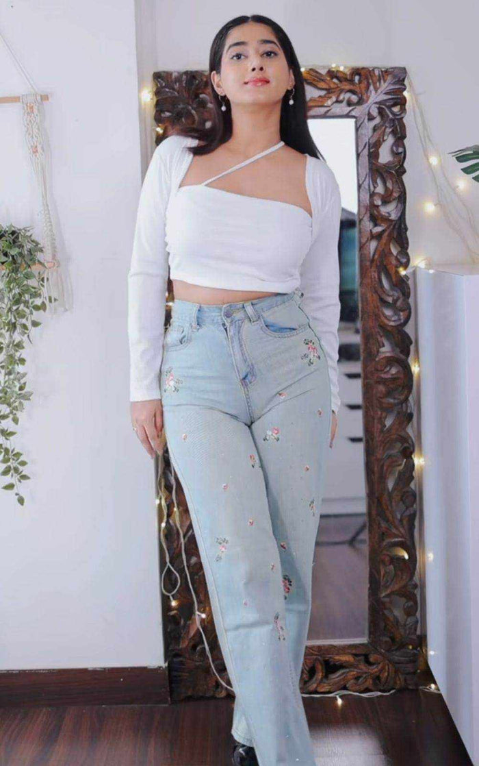 Embroidered Denim Blue Jeans