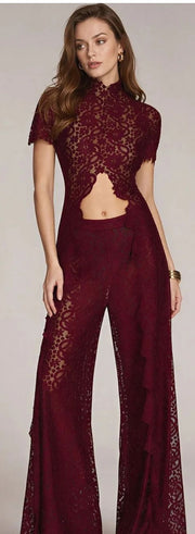 Burgundy Lace Coord Set with floral lace high-neck crop top, short sleeves, waist cut-out and wide-leg trousers