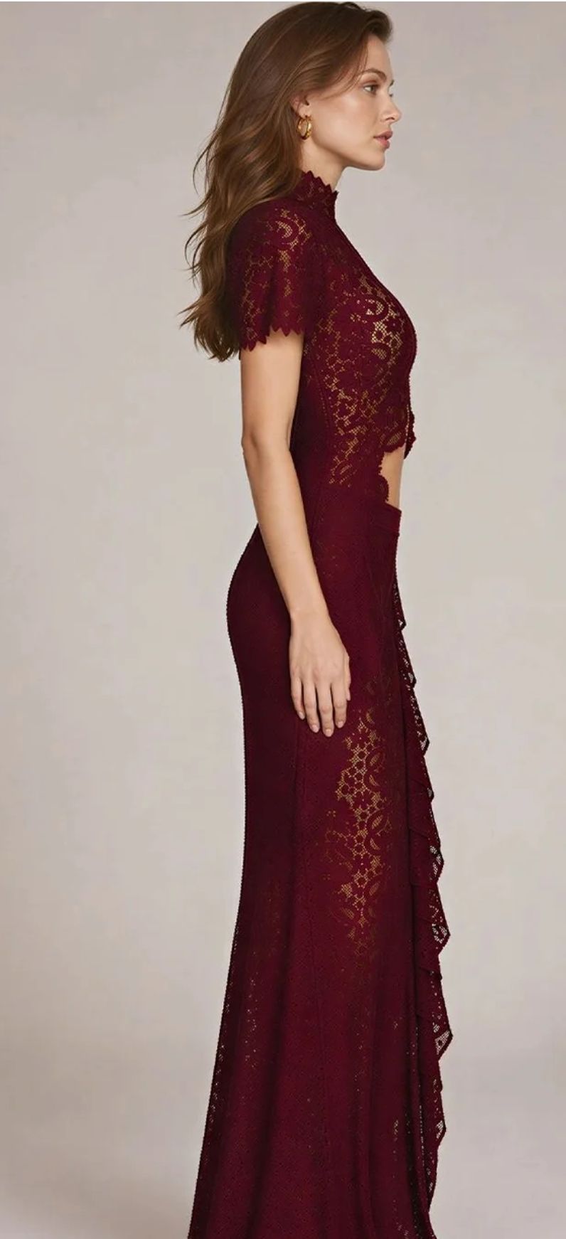 Burgundy Lace Coord Set with a fitted floral lace top, short sleeves, waist cut-out and flowing ruffled skirt
