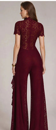 Burgundy Lace Coord Set with a short-sleeve floral lace top, fitted waist, and wide-leg trousers with lace panels.