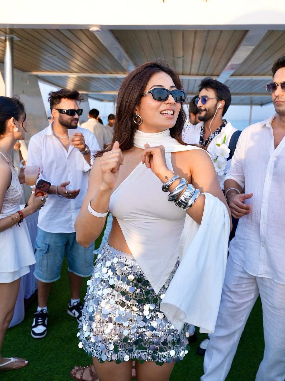 Shreya Kalra wearing the GPLT Silver Sequin Skirt