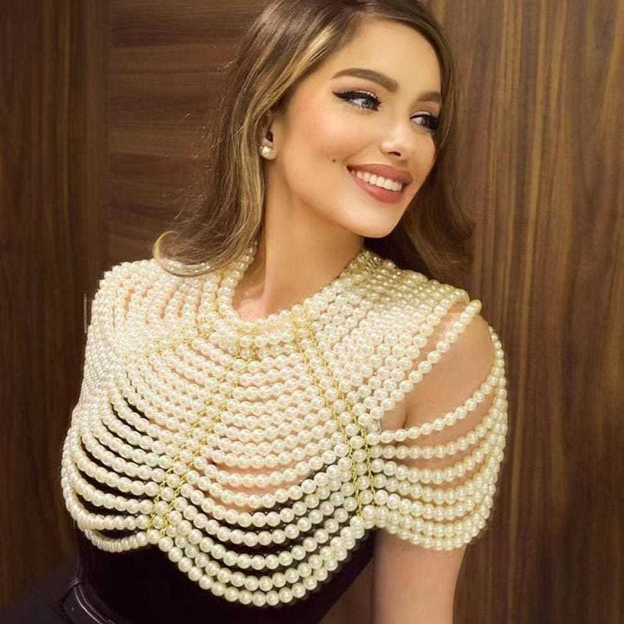 Pearl Cape Top in white, featuring layered pearl strands with scalloped draping over the shoulders and chest