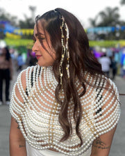 Pearl Cape Top in white pearl strands, draped across the shoulders with layered rows and gold-tone chains