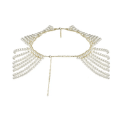 Pearl Cape Top in white, featuring clustered pearl strands and delicate gold-tone chains around the neckline
