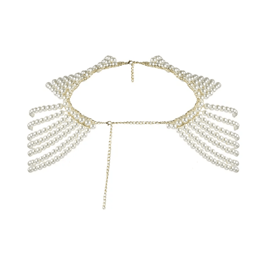 Pearl Cape Top in white, featuring clustered pearl strands and delicate gold-tone chains around the neckline
