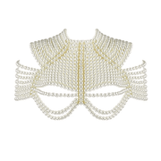 Pearl Cape Top in white pearl strands, with a structured shoulder cape and layered draped chains across the front