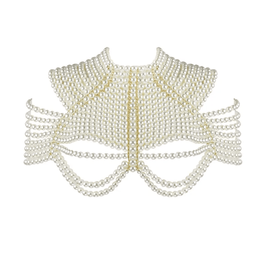 Pearl Cape Top in white pearl strands, with a structured shoulder cape and layered draped chains across the front