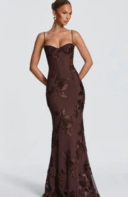 Embroidered Long Dress Brown