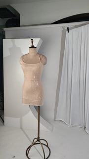 Rhinestone Straps Party Dress Beige