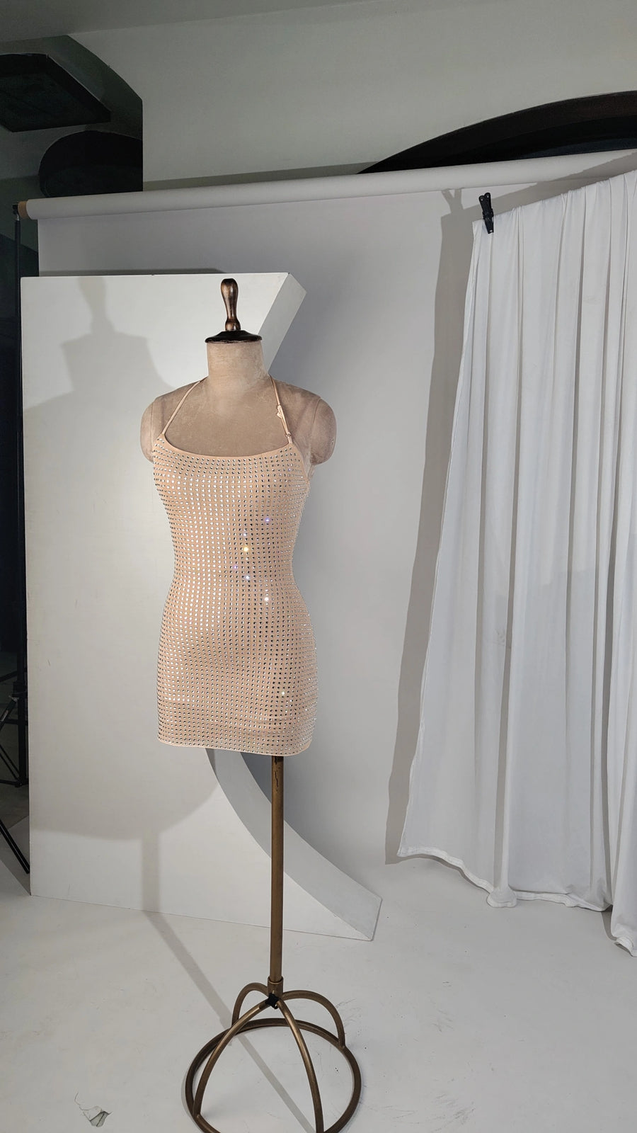 Rhinestone Straps Party Dress Beige