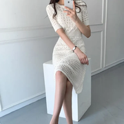 White Hollow Knitted Dress.