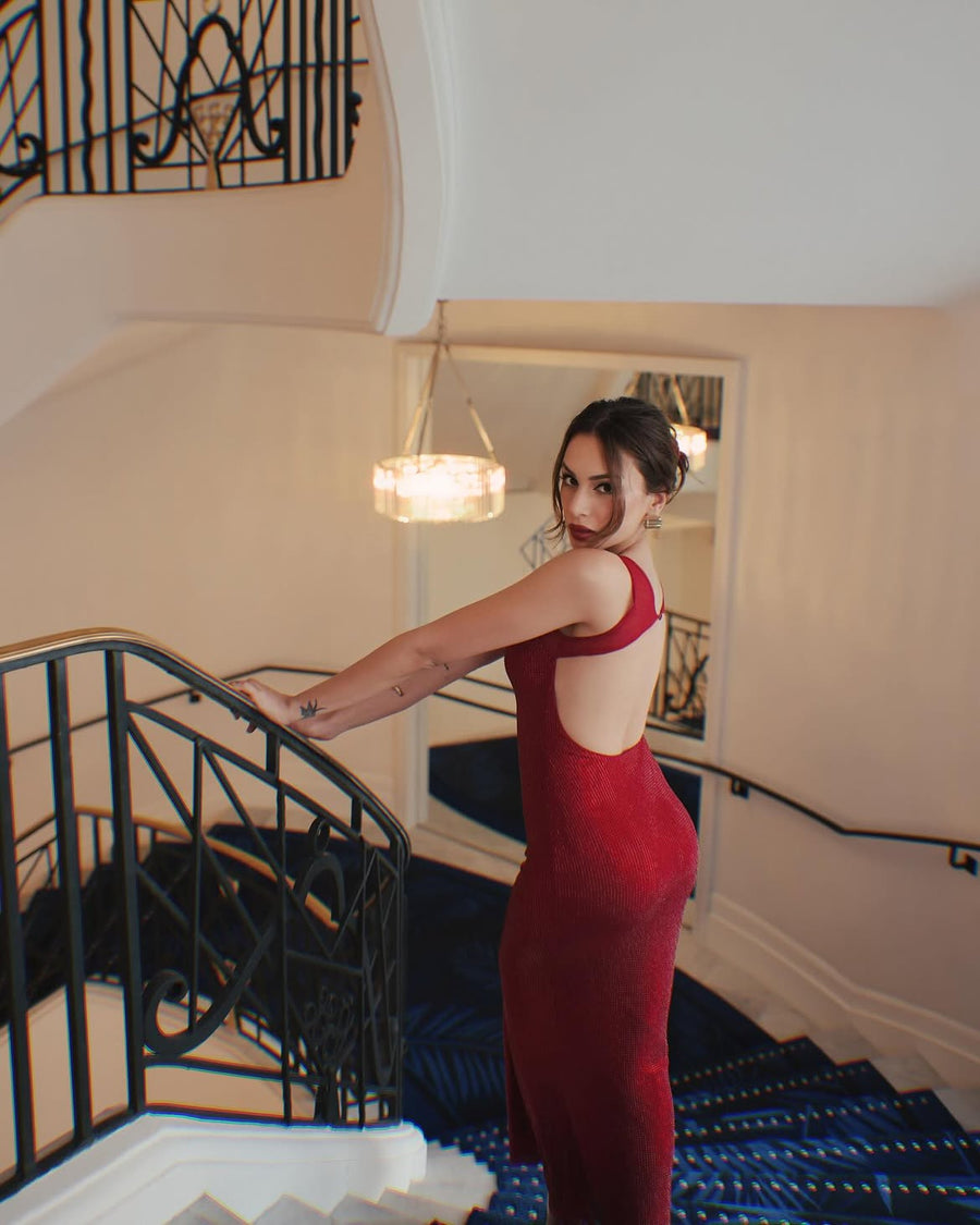 Rhinestone Full Length Dress Red
