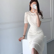 White Hollow Knitted Dress.