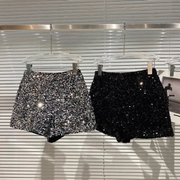Shiny zipper sequin shorts