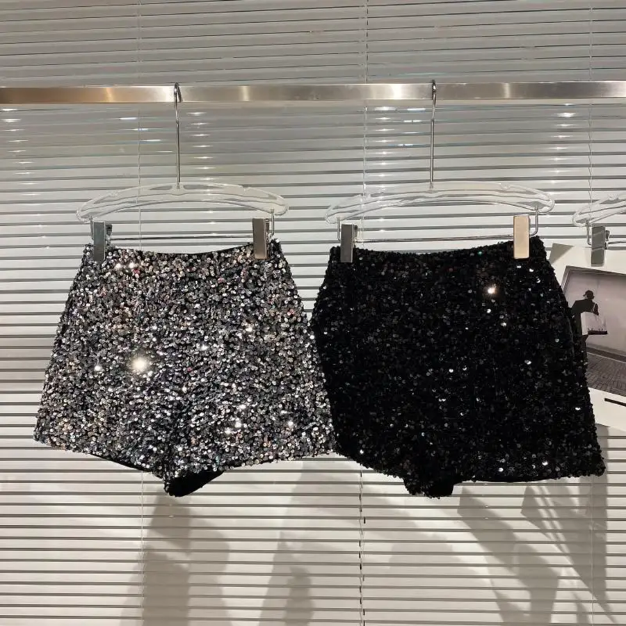 Shiny zipper sequin shorts