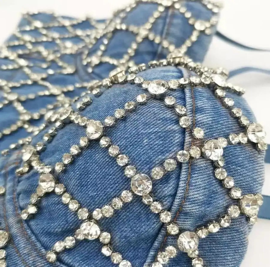 Diamond Beaded Denim Top