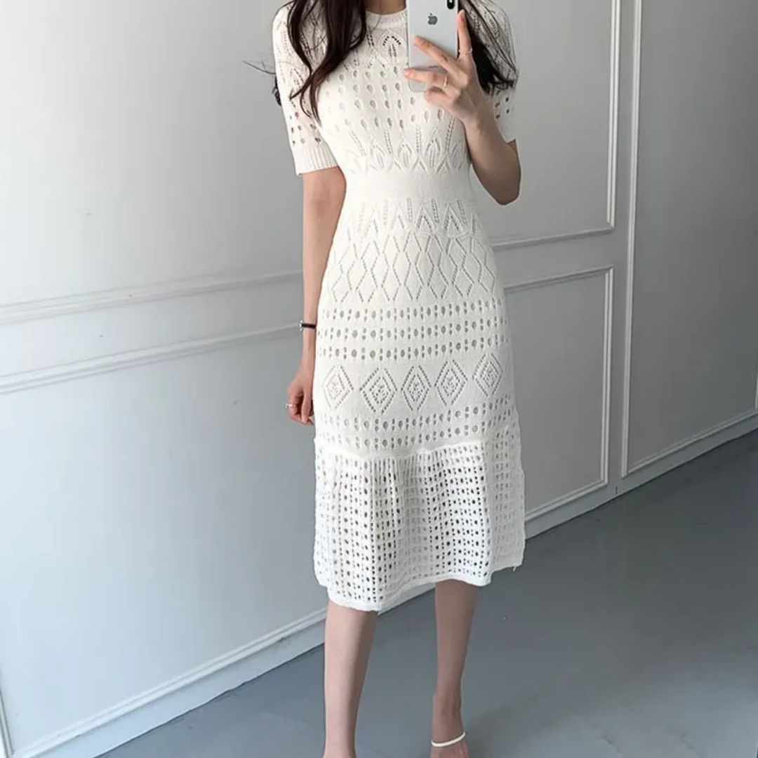White Hollow Knitted Dress.