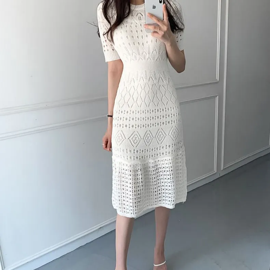 White Hollow Knitted Dress.