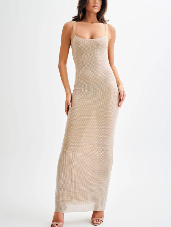 Rhinestone Full length Dress White