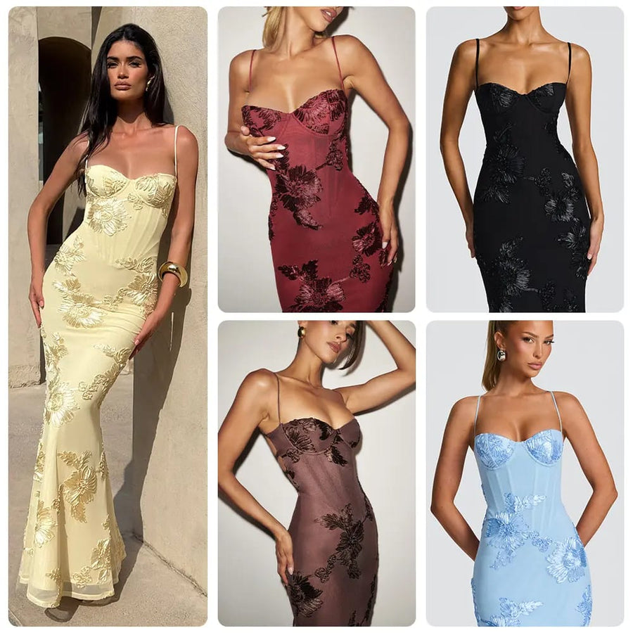 Embroidered Long Dress Brown