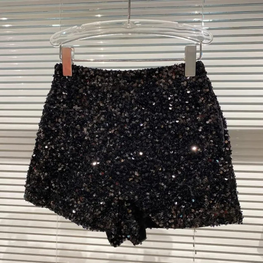 Shiny zipper sequin shorts