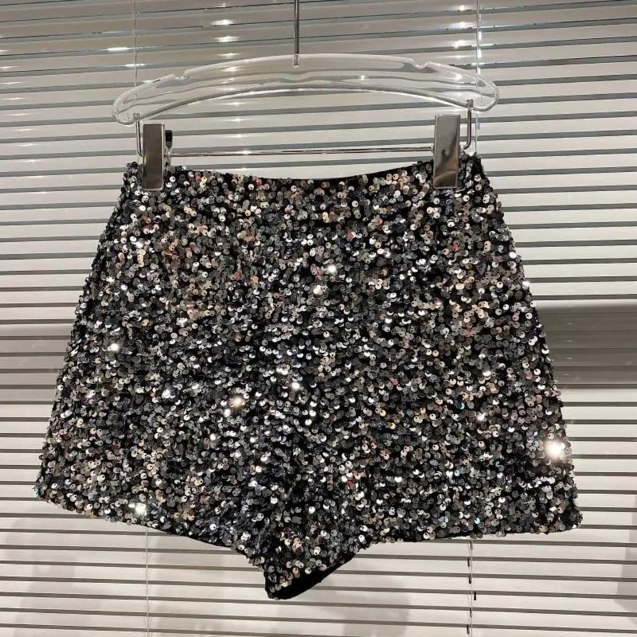Shiny zipper sequin shorts