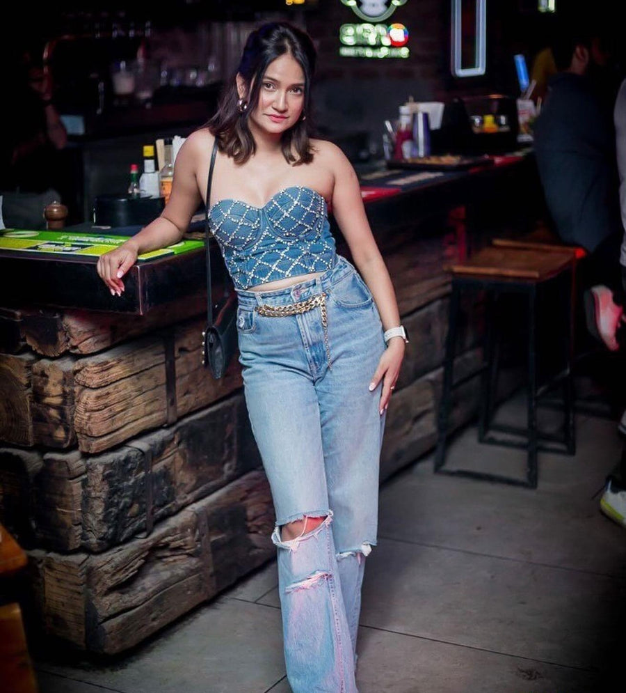 Diamond Beaded Denim Top