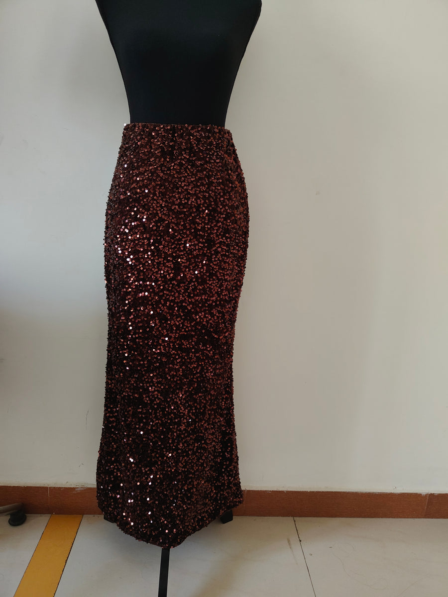 Brown Sequined Long Skirt