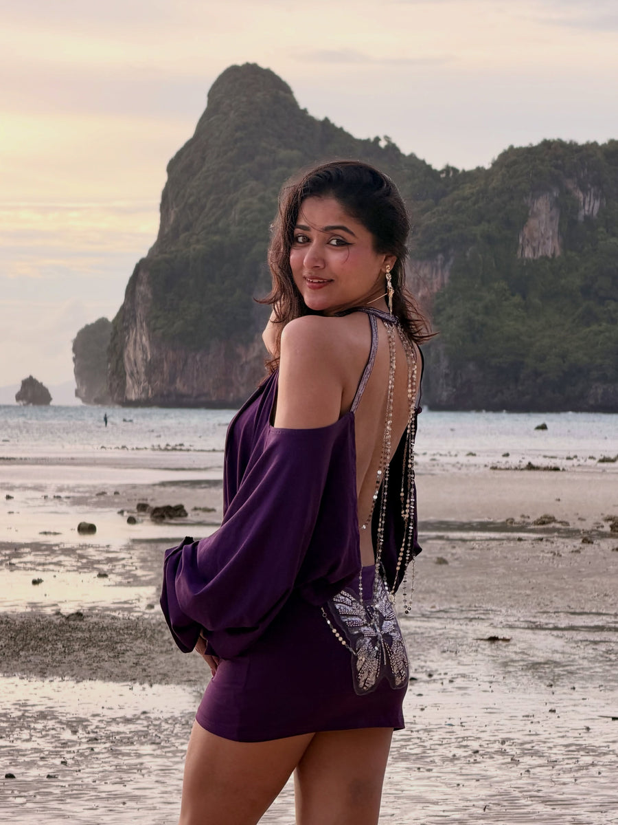 Purple Butterfly Chain Backless Dress