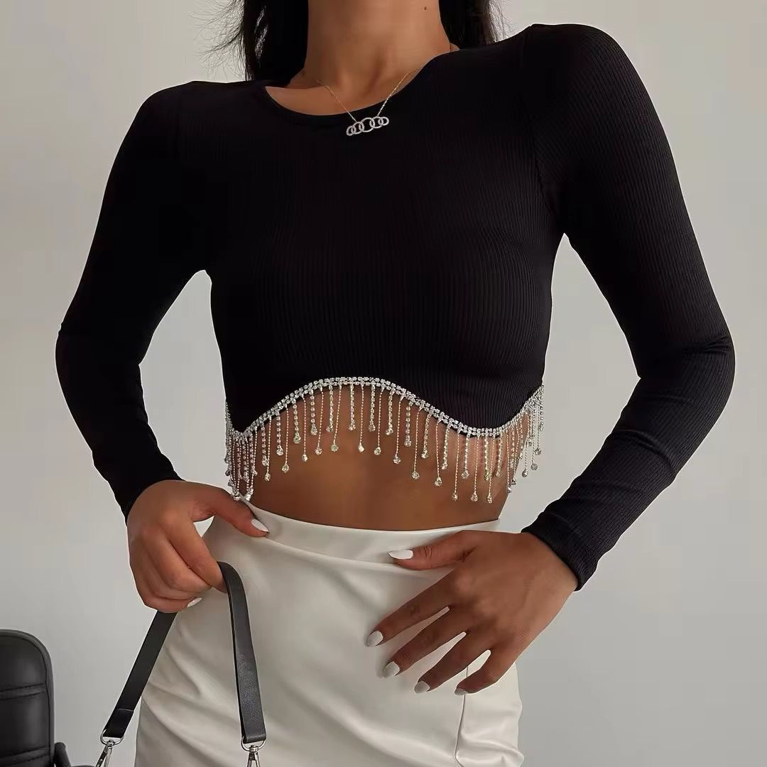 Full Sleeve Rhinestone Crop Top