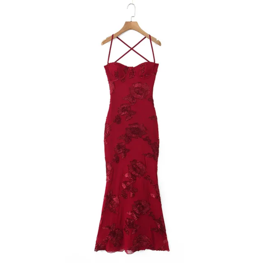Embroidered Long Dress Maroon