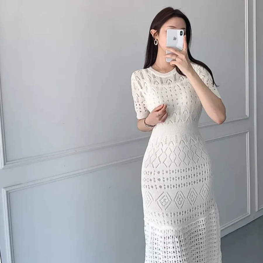 White Hollow Knitted Dress.