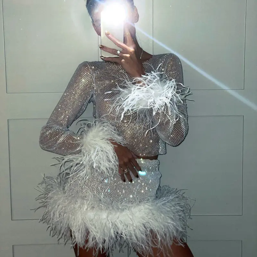 Rhinestone White Fur Top