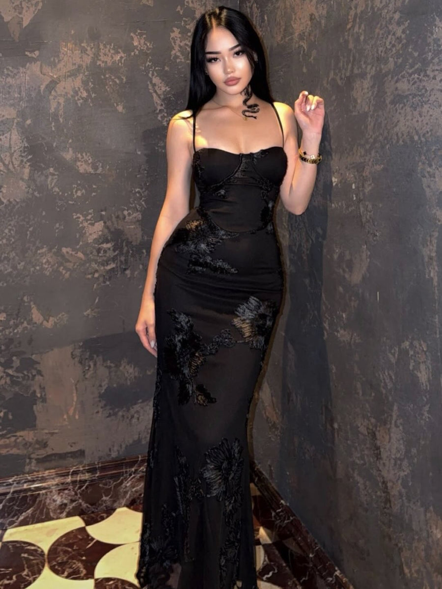 Embroidered Long Dress Black