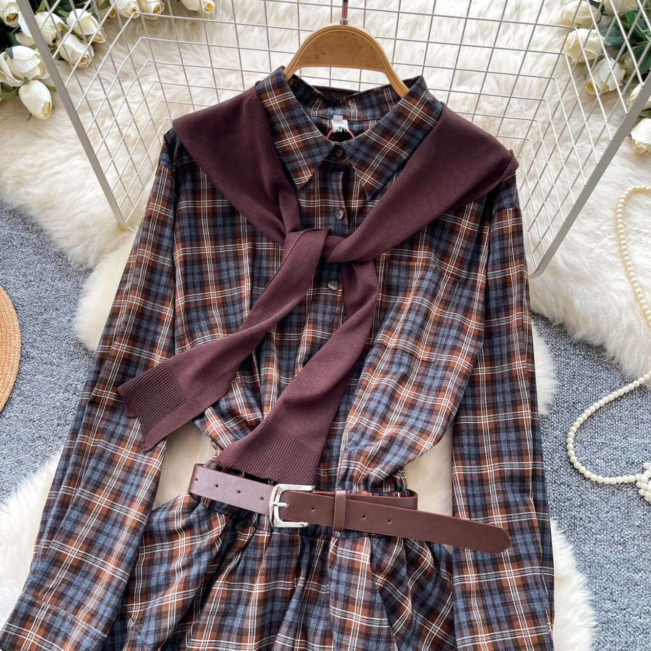 Casual Check Dress With Sweatshirt
