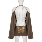 Taupe Butterfly Chain Backless Dress