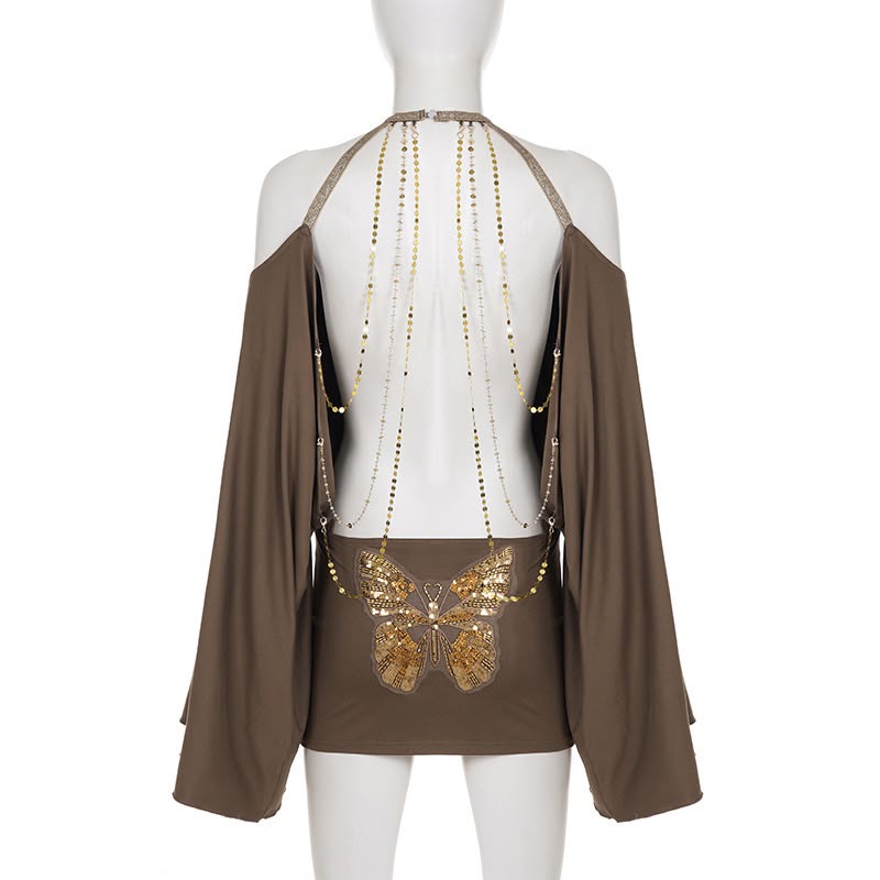 Taupe Butterfly Chain Backless Dress