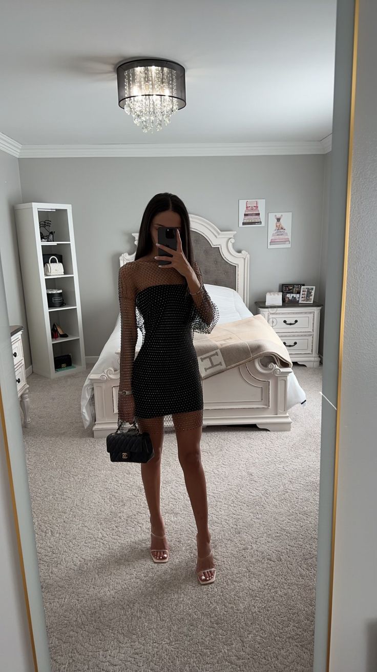 Rhinestone Full Sleeves Mesh Dress