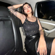 Rhinestone Full Sleeves Mesh Top