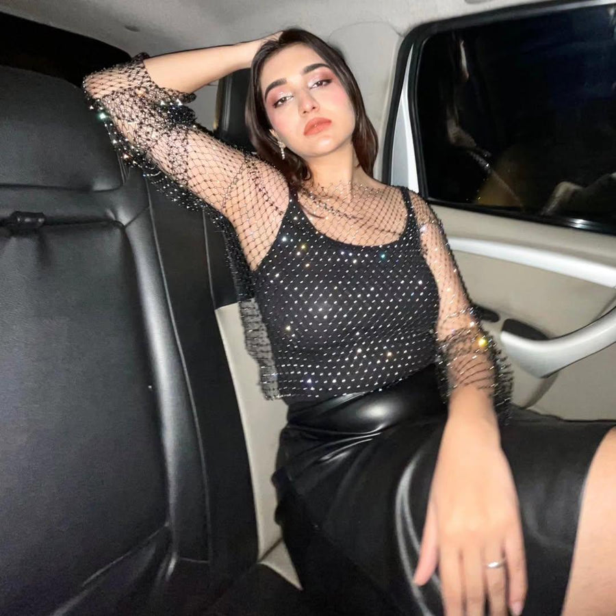 Rhinestone Full Sleeves Mesh Top